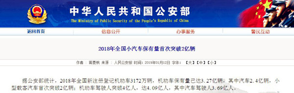 2018年全国小汽车保有量2.4亿辆 与全年产销逆向增长