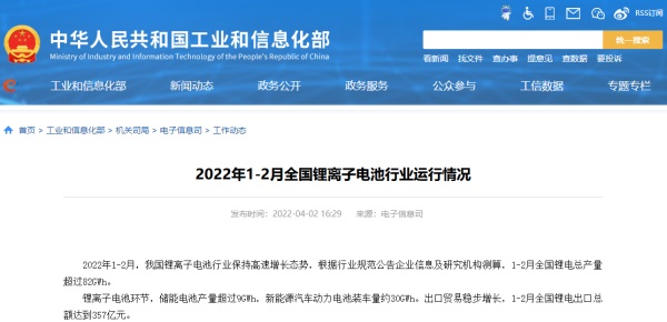2022年1-2月全国锂离子电池行业运行状况